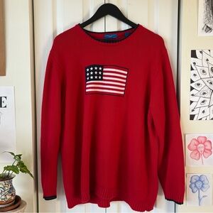 Karen Scott Red Crewneck Sweater with Flag Design